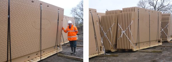 Hugh Robertson inspiziert die neuen Dura-Base Matten bei ihrer Ankunft auf dem Terrafirma Lagerplatz in Steventon in Oxfordshire.